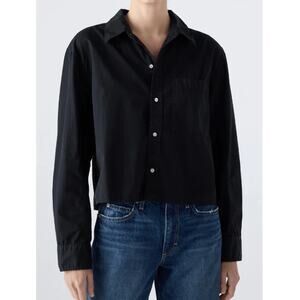 Amo Ruth Pima Cotton Long Sleeve Button-Front Crop Shirt Black Women's Size S